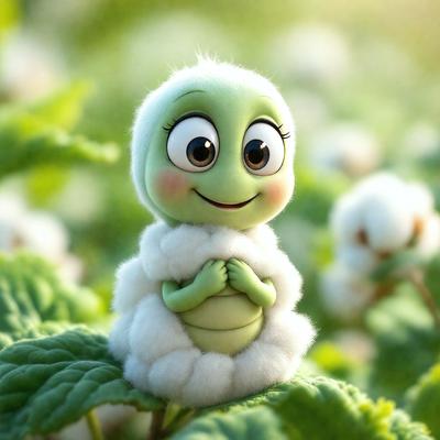 The primary subject of the image is a small, cute, and smiling cartoon character, possibly a frog or a lizard, sitting on a leaf. The character is wearing a white coat and appears to be made of cotton. The setting is a field with a background of white flowers, creating a serene and peaceful atmosphere. The visual style of the image is a combination of photo and digital art, giving it a unique and creative appearance. The colors and mood of the image are predominantly white and